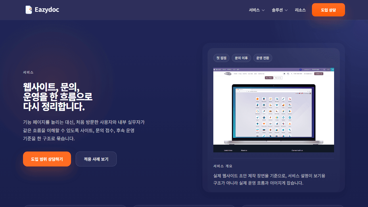 서비스 구조와 CTA 기준을 보여주는 실제 Eazydoc 서비스 화면