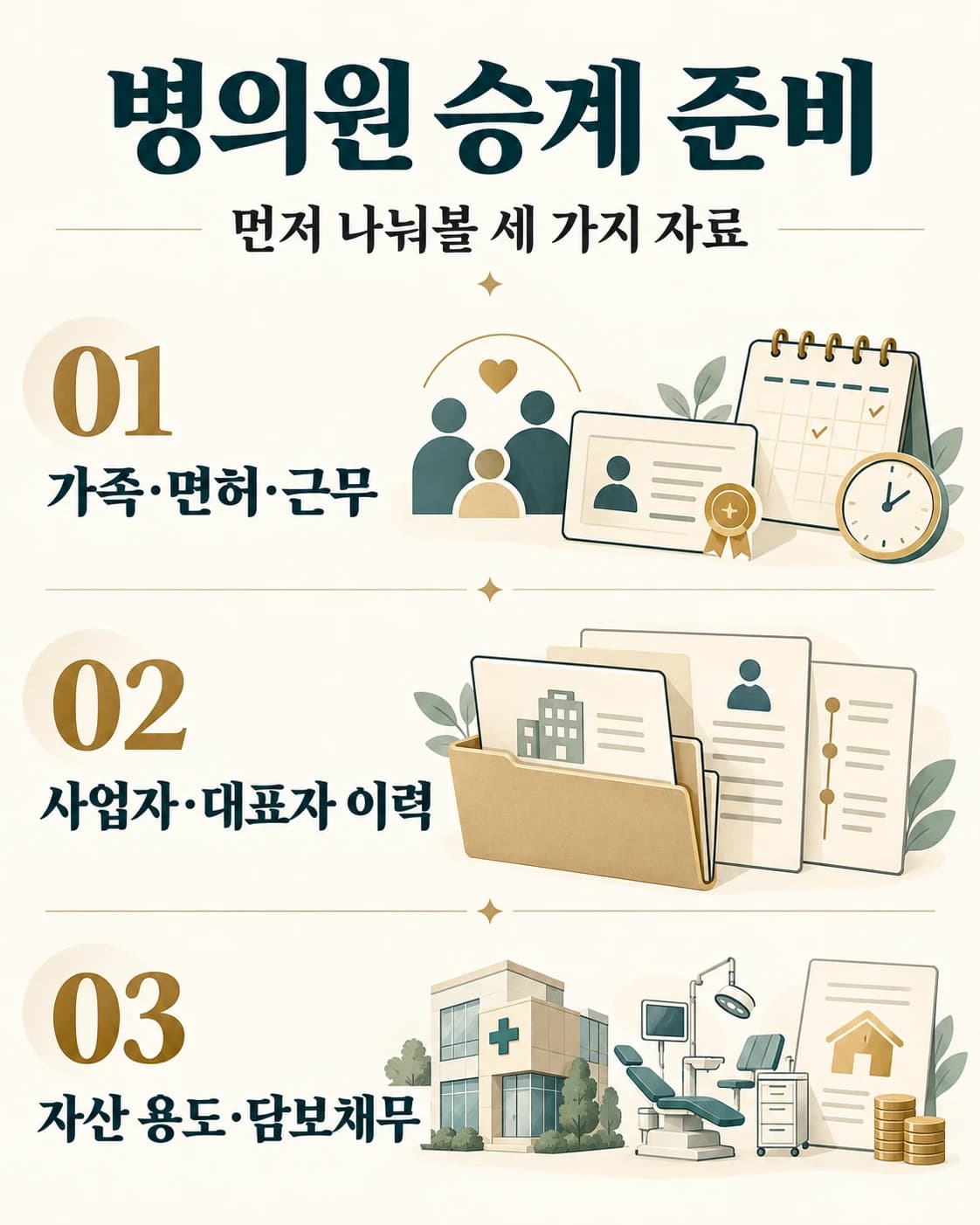 병의원 승계 준비를 가족·면허·근무, 사업자·대표자 이력, 자산 용도·담보채무로 나눈 안내 그림