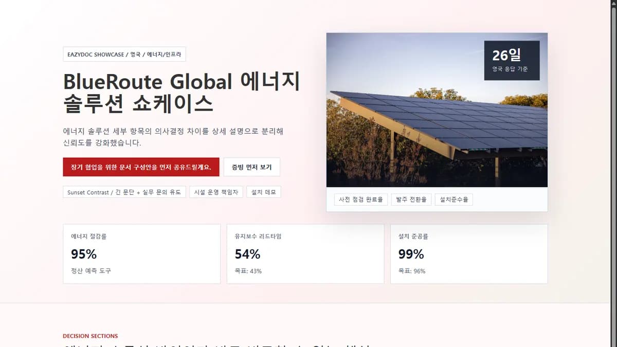 BlueRoute Global 에너지 솔루션 쇼케이스 상단 화면