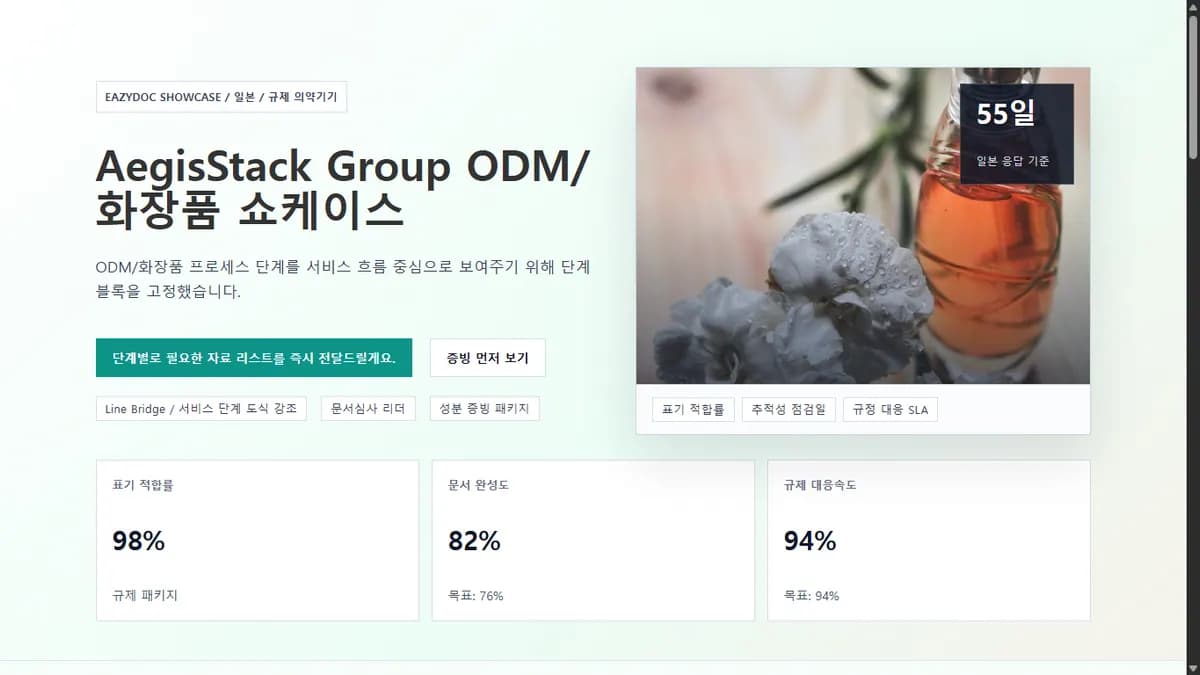 AegisStack Group ODM 화장품 쇼케이스 상단 화면