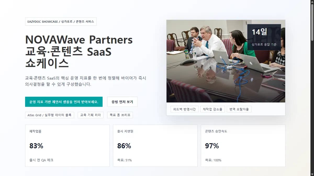 NOVAWave Partners 교육·콘텐츠 SaaS 쇼케이스 상단 화면