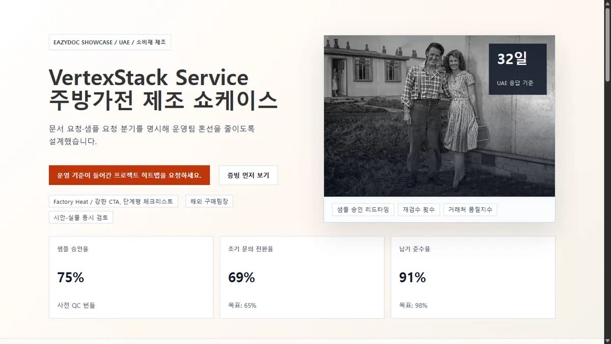 VertexStack Service 주방가전 제조 쇼케이스 상단 화면