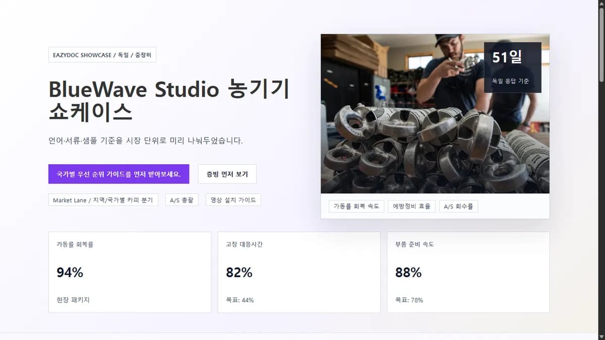 BlueWave Studio 농기기 쇼케이스 상단 화면